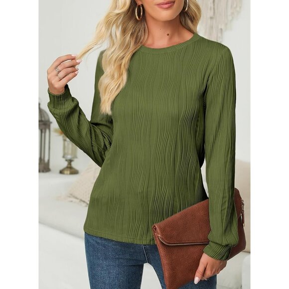 🆕 Women Green Trendy Casual Long Sleeve Crewneck Tops Loose Textured Blouses - Picture 2 of 6